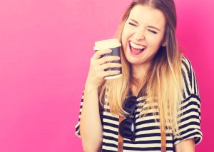 happy woman with coffee cup